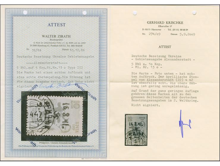 1942, Aufdrucktype III Hakenkreuz 4mm: 5 Rubel auf 10 Kopeken rotlila, farbfrisch und üblich, oben gering unregelmäßig gezähn