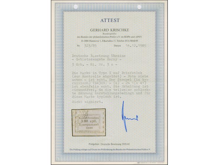 1941, Kontrollzeichen 3,00 Krb., farbfrisch und gut gezähnt, sauber mit Stempel auf Briefstück, tadellos, eine seltene Marke,