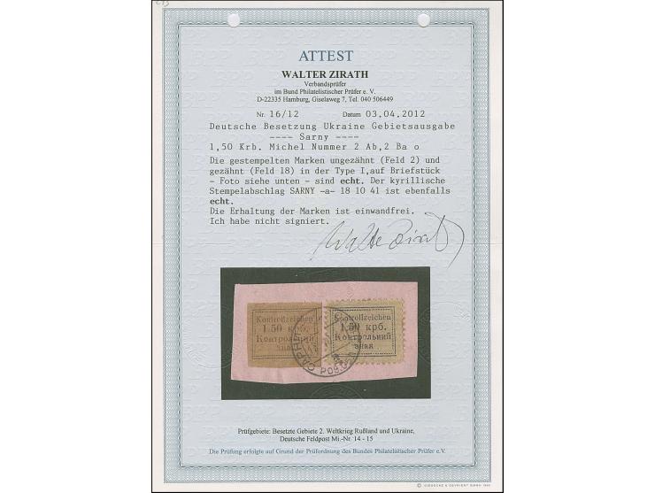 1941, Kontrollzeichen 1,50 Krb., geschnitten und gezähnt, je farbfrisch, von den Feldern 18 bzw 2, sauber mit kyrillischem St