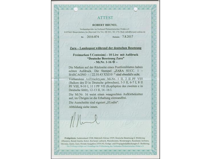 1943, 5 Centisimi - 10 Lire, je farbfrisch und gut gezähnt, sauber mit Stempel “ZARA SUCC. 1 22.10.43” auf Briefstücken, 10 u