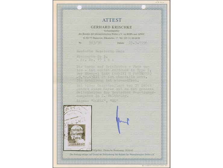 20 Lire dunkelgrün, farbfrisch und gut gezähnt, sauber mit Stempel “ZARA ARRIVE E PARTENZE -9.10.43” auf Briefstück, tadellos