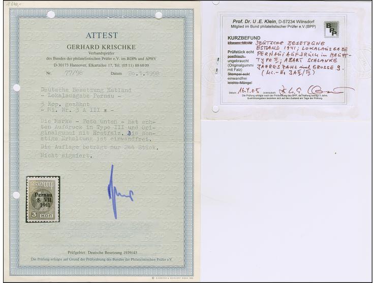 1941, 3 Kopeken dunkelgrünlichblau, gezähnt, mit Aufdruckfehler “9 in 1941 größer und 41 mager", sauber ungebraucht, eine sel