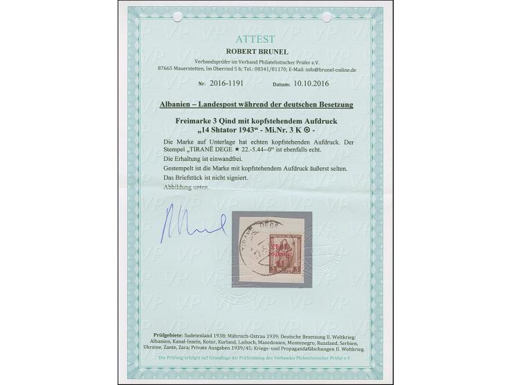 1943, 3 Qind schwärzlichgelbbraun, linkes Seitenrandstück mit kopfstehendem Aufdruck, sauber mit Stempel “TIRANE DEGE 22-.5.4