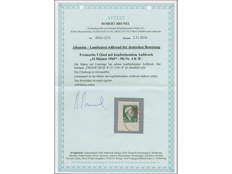 1943, 5 Qind schwärzlichgrün, mit kopfstehendem Aufdruck, sauber mit Stempel “TIRANE DEGE 22-.5.44” auf Briefstück, tadellos,