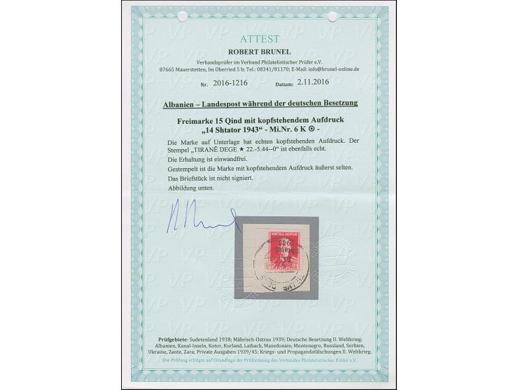 1943, 15 Qind dunkelrosa, linkes Seitenrandstück mit kopfstehendem Aufdruck, sauber mit Stempel “TIRANE DEGE 22-.5.44” auf Br