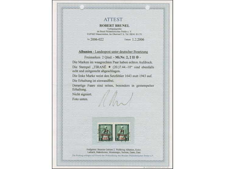 2 Qind schwärzlichbraunoliv, waagerechtes Paar, dabei die linke Marke mit Setzfehler “1643 statt 1943”, sauber gestempelt, ta