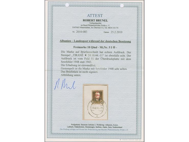 10 Qind schwärzlichorangebraun, mit Setzfehler “1948" statt 1943”, sauber mit Stempel “TIRANE 24.10.44” auf Briefstück, tadel