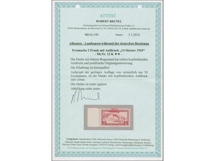 2 Frank dunkelbräunlichkarmin, linkes Seitenrandstück mit kopfstehendem Aufdruck, postfrisch, tadellos, eine seltene Marke, e