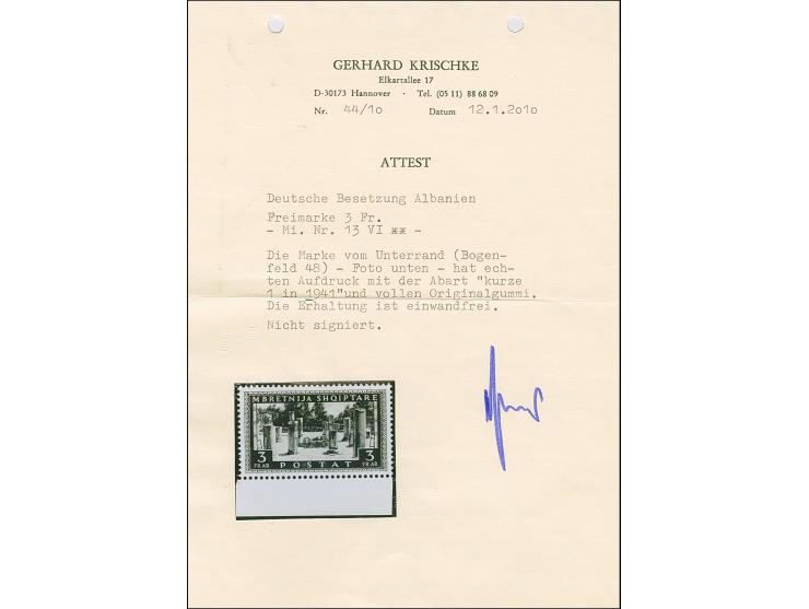 3 Frank schwarzolivbraun, Unterrandstück mit Aufdruckfehler “kurze 1 in 1941” von Aufdruckfeld 48, postfrisch, tadellos, selt