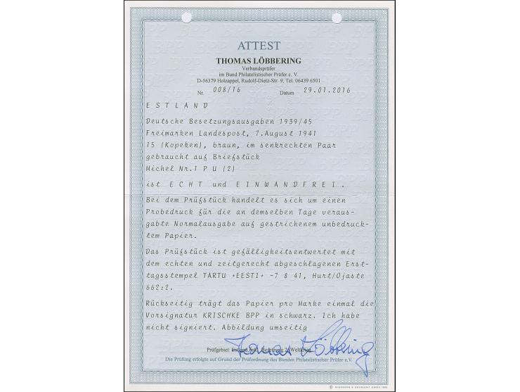 1941, Landespost 15 Kopeken rötlichbraun, ungezähnter Probedruck auf Kreidepapier, senkrechtes Paar, sauber gestempelt “TARTU
