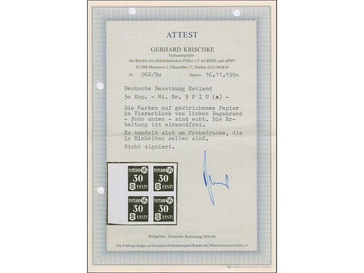 1941, Landespost 30 Kopeken schwarzultramarin, ungezähnter Probedruck auf Kreidepapier, Randviererblock, ohne Gummi wie verau