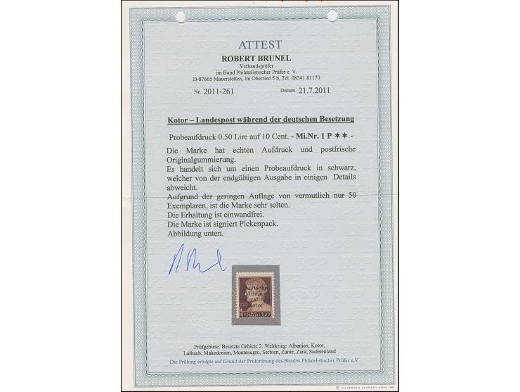 1944, Freimarke 0,50 Lire auf 10 Centisimi schwärzlichbraun, mit schwarzem Probeaufdruck, postfrisch, tadellos, sehr selten, 