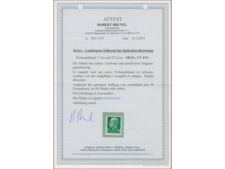 1944, Freimarke 1 Lire auf 25 Centisimi schwarzgrün, mit schwarzem Probeaufdruck, postfrisch, tadellos, sehr selten, sign. Pi