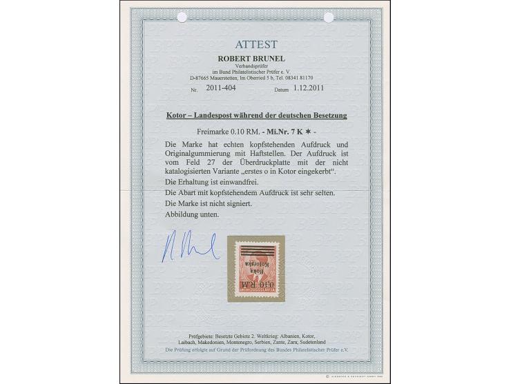 1944, Freimarke 0,10M. auf 3 Dinar lebhaftbraunrot, mit kopfstehendem Aufdruck von Aufdruckfeld 27 mit Aufdruckfehler “erstes