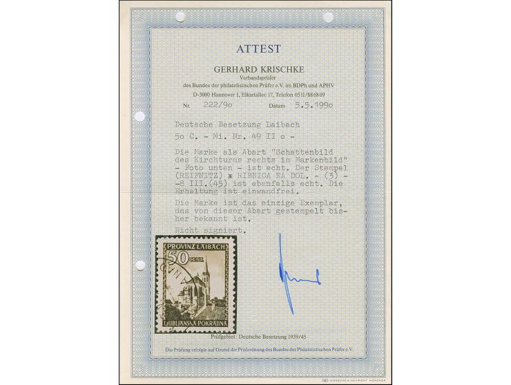 1945, Ansichten aus Slowenien Kapitelkirche in Rudolfswert 50 Centesimi dunkelviolett, mit Plattenfehler “Schattenbild des Ki