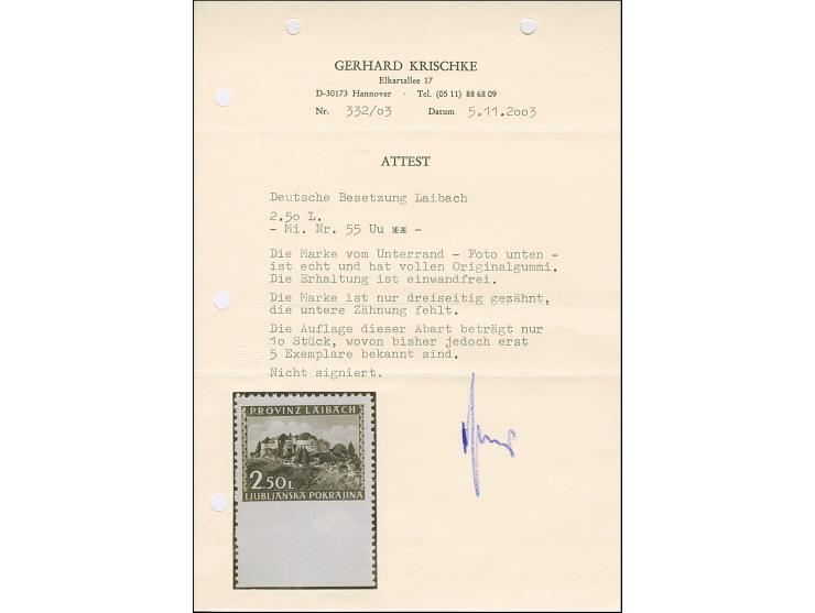 1945, Ansichten aus Slowenien Landschaft am Fluss Gurk 2,50 Lire schwärzlichockerbraun, Unterrandstück unten ungezähnt, postf