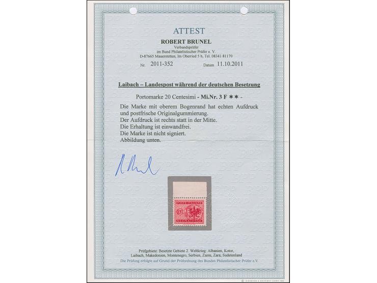 1944, 20 Centesimi dunkelrosarot, Oberrandstück mit Aufdruckabart “Aufdruck rechts statt mittig”, postfrisch, tadellos, eine 