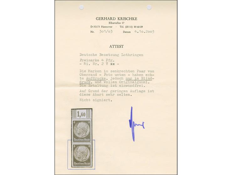 1940, Hindenburg 4 Pfennig grauultramarin, Oberrandstück mit Aufdruck nur im Blinddruck, postfrisch, tadellos, heute aufgrund