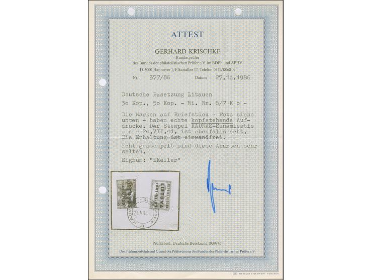 1941, Nepriklausoma 30 Kopeken violettultramarin und 50 Kopeken braun, je mit kopfstehendem Aufdruck, sauber mit Stempel “KAU