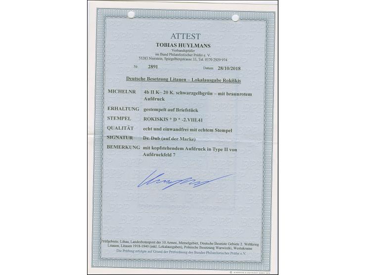 1941, 20 Kopeken schwarzgelbgrün, braunroter Aufdruck, kopfstehender Aufdruck in Type II, sauber mit Stempel “ROKISKIS -2.VII