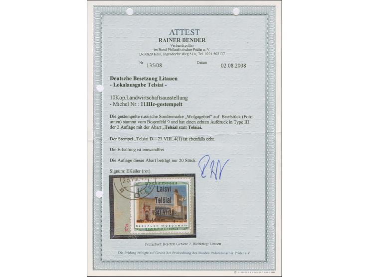 1941, Pavillon Wolgagebiet 10 Kopeken, mit Aufdruckfehler “Telsial statt Telsiai”, sauber mit Teilstempel “(TELSIAI) 23.VIII.