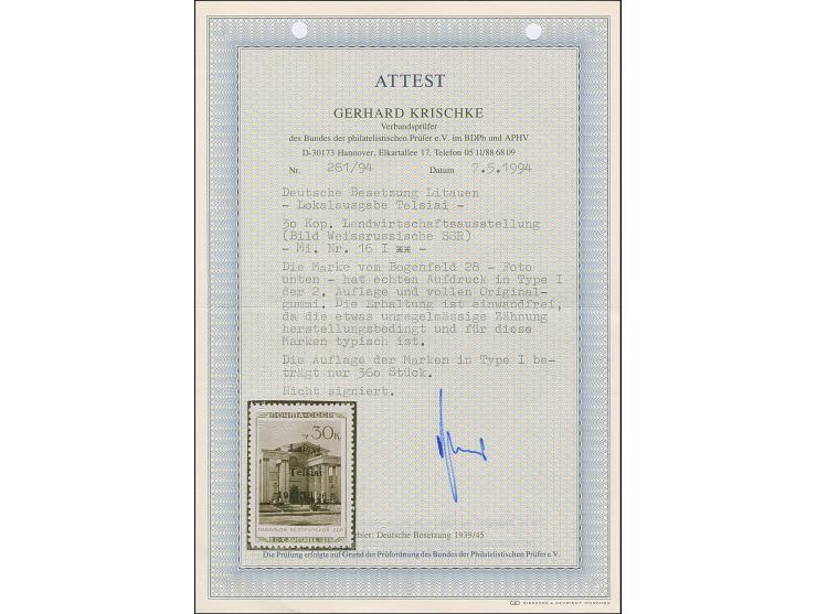 1941, Weißrussische SSR 30 Kopeken, Aufdrucktype I, postfrisch, winzige Fingerspur, sonst tadellos, unsigniert mit Fotoattest