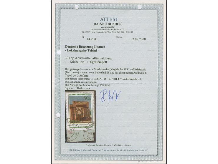 1941, Kirgisische SSR 30 Kopeken, Aufdrucktype I, sauber gestempelt auf Briefstück, tadellos, sign. EKeiler und Fotoattest Be