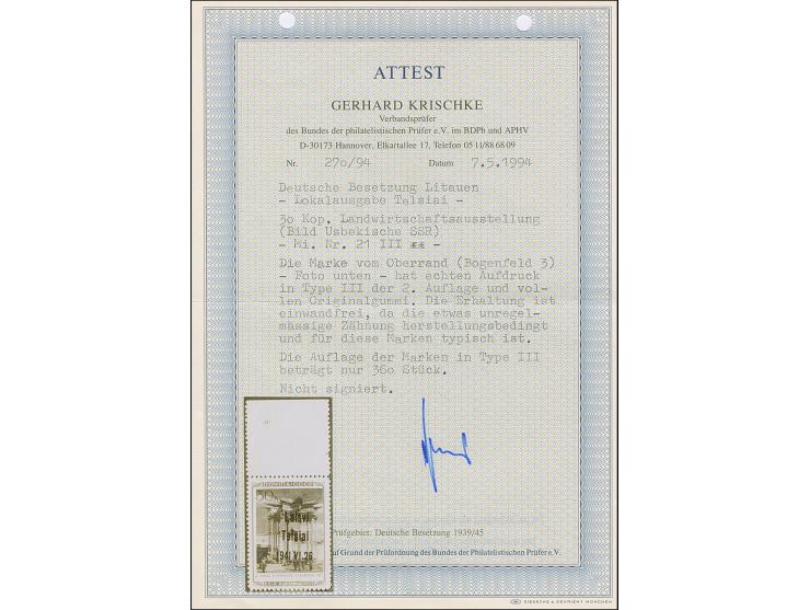 1941, Usbekische SSR 30 Kopeken, Aufdrucktype IIIb, Oberrandstück, postfrisch, tadellos, unsigniert mit Fotoattest Krischke B