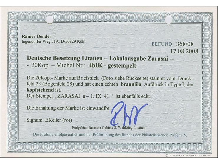 1941, 20 Kopeken dunkelgraugrün, mit braunrotem, kopfstehenden Aufdruck, sauber mit Stempel “ZARASAI 1.IX.41” auf Briefstück,