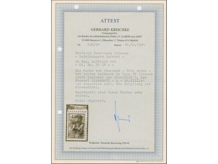 1941, 30 Kopeken violettultramarin, mit braunrotem Aufdruck mit Aufdruckfehler “Lieuva statt Lietuva”, Oberrandstück, sauber 