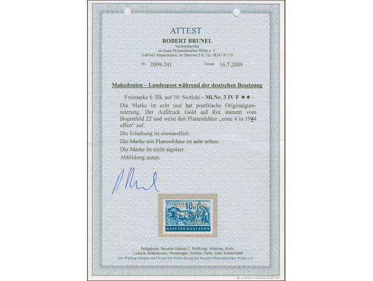 1944, 6 Lew auf 10 Stotinki, Goldaufdruck auf rotem Aufdruck, mit Aufdruckfehler “erste 4 in 1944 offen”, postfrisch, tadello