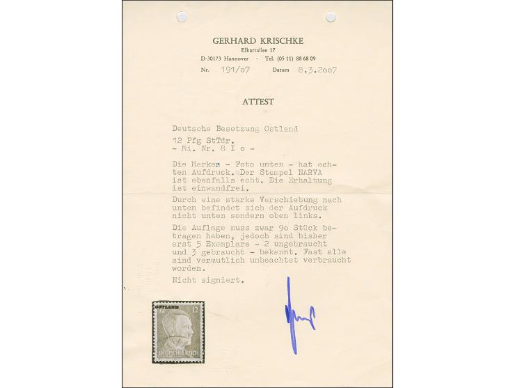 1941, Hitler 12 Pfennig lilarot, mit Aufdruck links oben, sauber gestempelt “NARVA”, tadellos. Eine sehr seltene Marke, ProFi