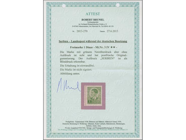 1941, 1 Dinar dunkelsmaragdgrün, mit grünem Netzunterdruck und der Aufdruck “SERBIEN” nur im Blinddruck, postfrisch, tadellos