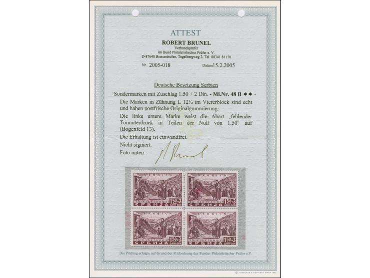 1941, Semendria 1,50+3 Dinar schwärzlichgraulila, gez. L12½, Viererblock, die linke untere Marke mit Abart “große weiße Stell