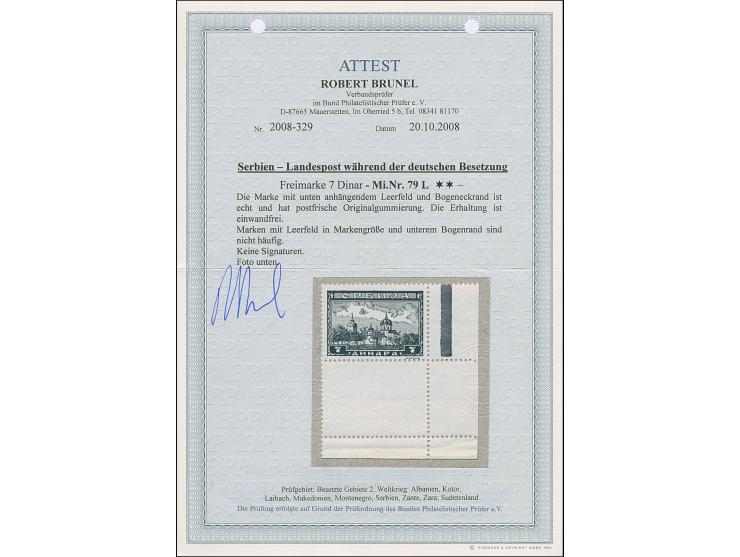 1942, Serbische Klöster 7 Dinar schwarzgraugrün, aus der rechten unteren Bogenecke mit vollständig gezähnten Leerfeld in Mark