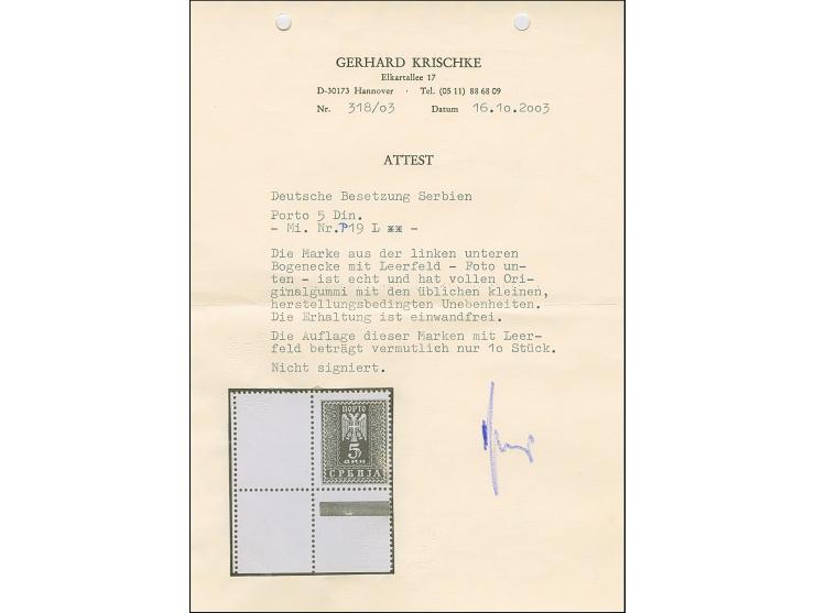1942, Serbischer Doppeladler 5 Dinar schwarzgelblichgrün, aus der linken unteren Bogenecke mit vollständig gezähnten Leerfeld