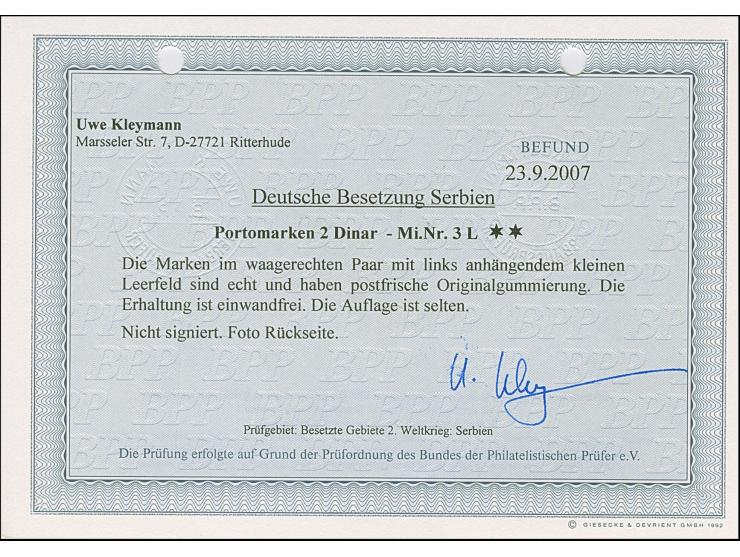 1941, 2 Dinar schwärzlichblau, waagerechtes Paar mit vollständig gezähntem, kleinen Leerfeld links, postfrisch, tadellos. Wes