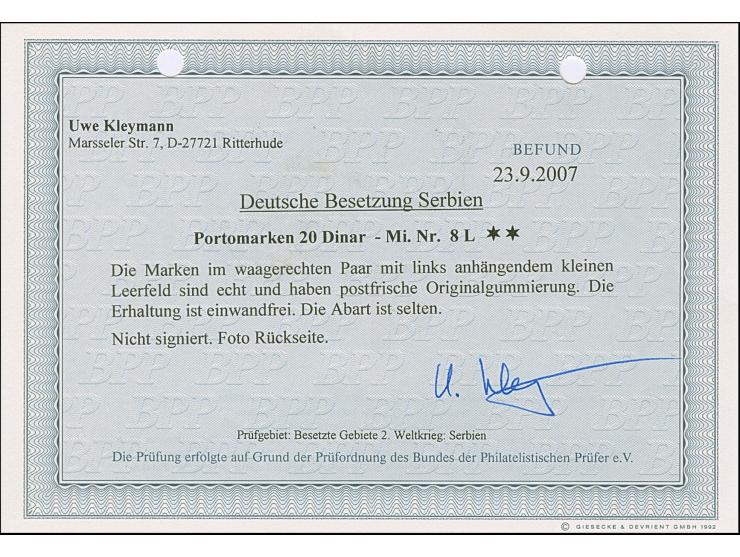 1941, 20 Dinar schwärzlichgelblichgrün, waagerechtes Paar mit vollständig gezähntem, kleinen Leerfeld links, postfrisch, tade
