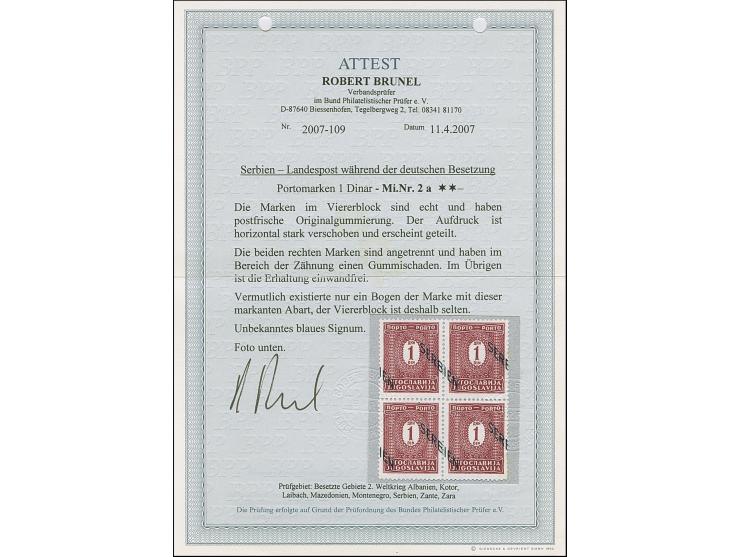 1941, 1 Dinar schwärzlichrötlichkarmin, mit stark nach rechts unten verschobenem Aufdruck, dadurch der Aufdruck auf den Marke