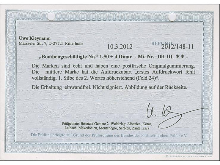 1941, Bombengeschädigte in Nis 1,50+4 Dinar grün, waagerechter Dreierstreifen, die mittlere Marke &nbsp;mit Aufdruckabart “er