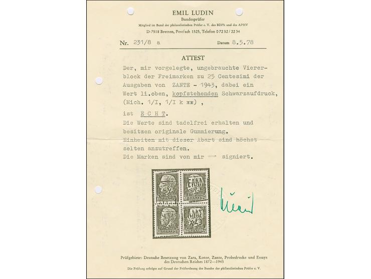 1943, 25 &nbsp;Centesimi schwarzgrün, Viererblock, die linke obere Marke mit kopfstehendem Aufdruck, die drei weiteren mit no