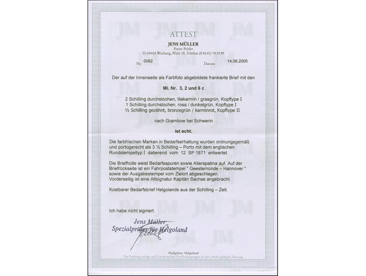 1867, 1 Schilling rosakarmin/dunkelgrün, 2 Schilling lilakarmin/dunkelgelblichgrün und 1869 ½ Schilling grünoliv/karminrot, f