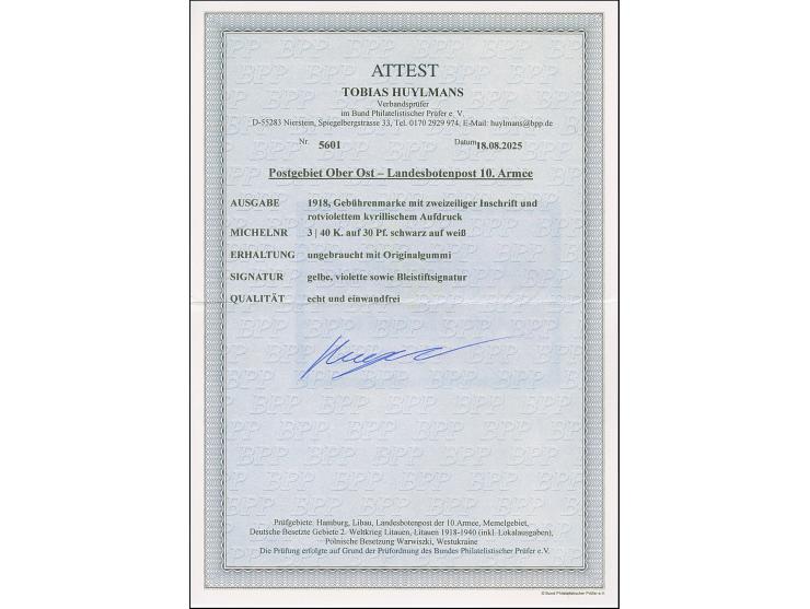 1918, Bestellgeldmarke 40 K. auf 30 Pfg. schwarz, sauber ungebraucht, tadellos, sign. sowie Fotoattest Huylmans BPP (2025)