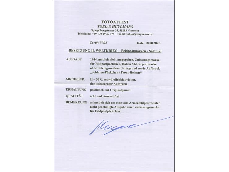 SALONIKI: 1944, 1. Auflage ohne milchig weißen Hintergrund: 50 C. schwärzlichblauviolett, postfrisch, tadellos, Fotoattest Hu