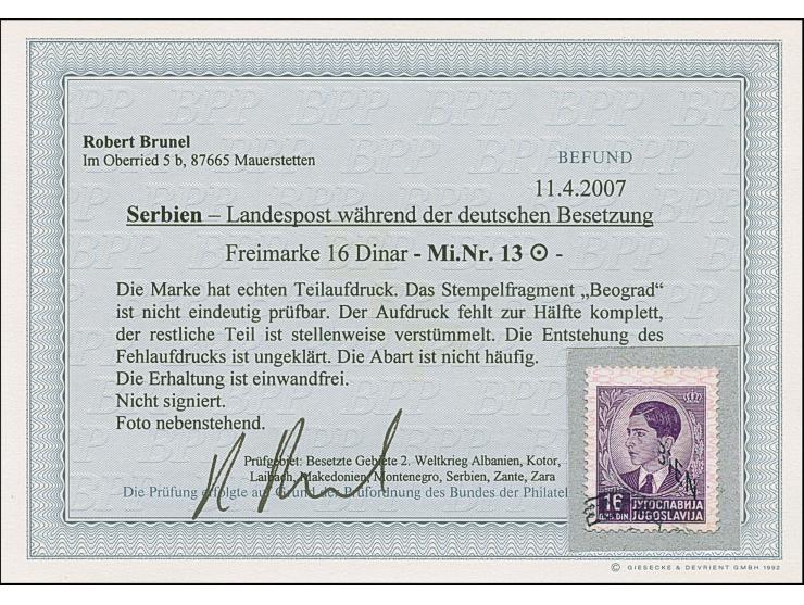 1941, 16 Dinar dunkelbraunviolett, mit verstümmeltem Aufdruck, dadurch nur “BIEN” statt “SERBIEN” lesbar, mit nicht näher bes