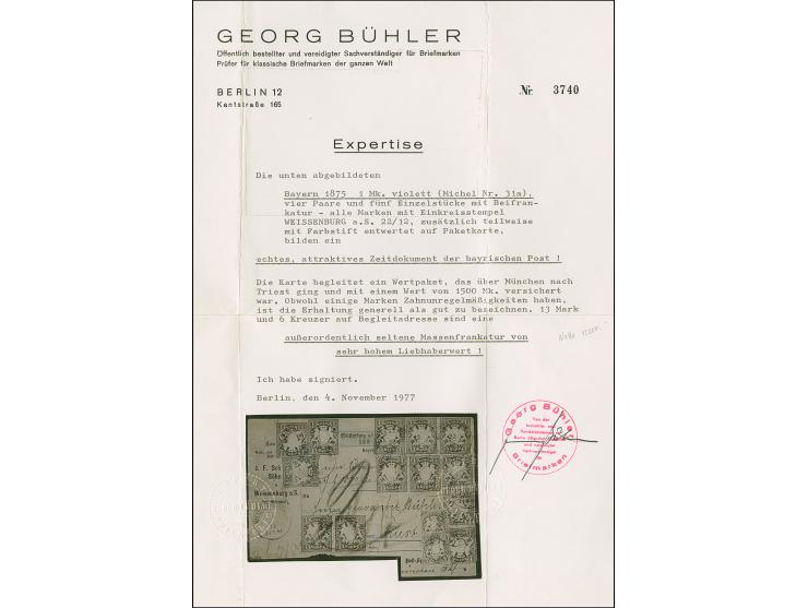 1874, 1 M. gezähnt, 4 Paare und 5 Einzelstücke, zusammen mit 2 Einzelwerten 3 Kr. rosa, mit EKr. "WEISSENBURG 22/12" auf unte