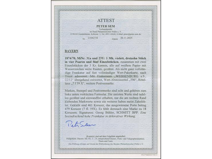 1874, 1 M. gezähnt, 4 Paare und 5 Einzelstücke, zusammen mit 2 Einzelwerten 3 Kr. rosa, mit EKr. "WEISSENBURG 22/12" auf unte