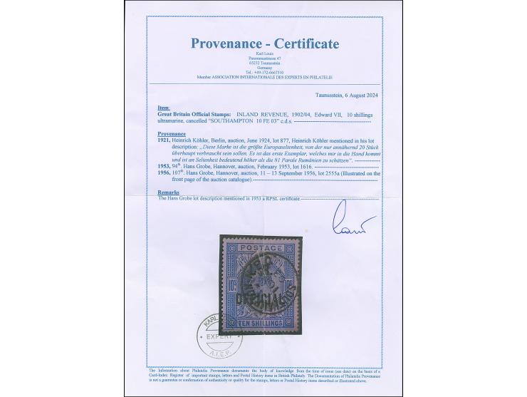 1902, I.R. OFFICIAL: Edward VII. 10 sh. ultramarine, fresh color, nicely centered, mostly good perforation, just a few nibbed