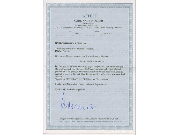 1 Sch. dunkelblau in tiefer Nuance, allseits gleichmäßig breitrandig, sauber entwertet durch Roststempel "19" KIELER BAHNHOF.