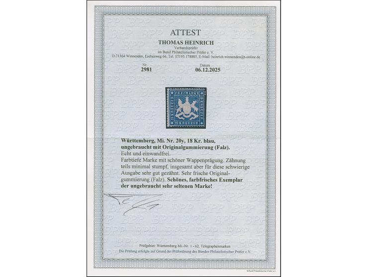 18 Kr. blau, farbfrisch und für diese schwierige Ausgabe sehr gut gezähnt, ungebraucht mit Originalgummi. Einwandfrei. Ein sc